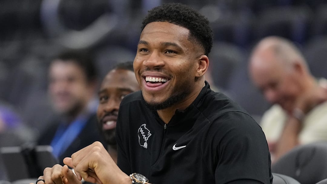 Apr 10, 2026; Milwaukee, Wisconsin, USA;  Milwaukee Bucks forward Giannis Antetokounmpo enjoys a moment during warmups prior to the game against the Brooklyn Nets at Fiserv Forum. Mandatory Credit: Jeff Hanisch-Imagn Images