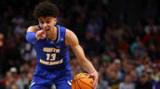 Mar 17, 2023; Denver, CO, USA;  UC Santa Barbara Gauchos guard Ajay Mitchell (13) signals to teammates during the first half against Baylor Bears in the first round of the 2023 NCAA men   s basketball tournament at Ball Arena. Mandatory Credit: Michael Ciaglo-USA TODAY Sports