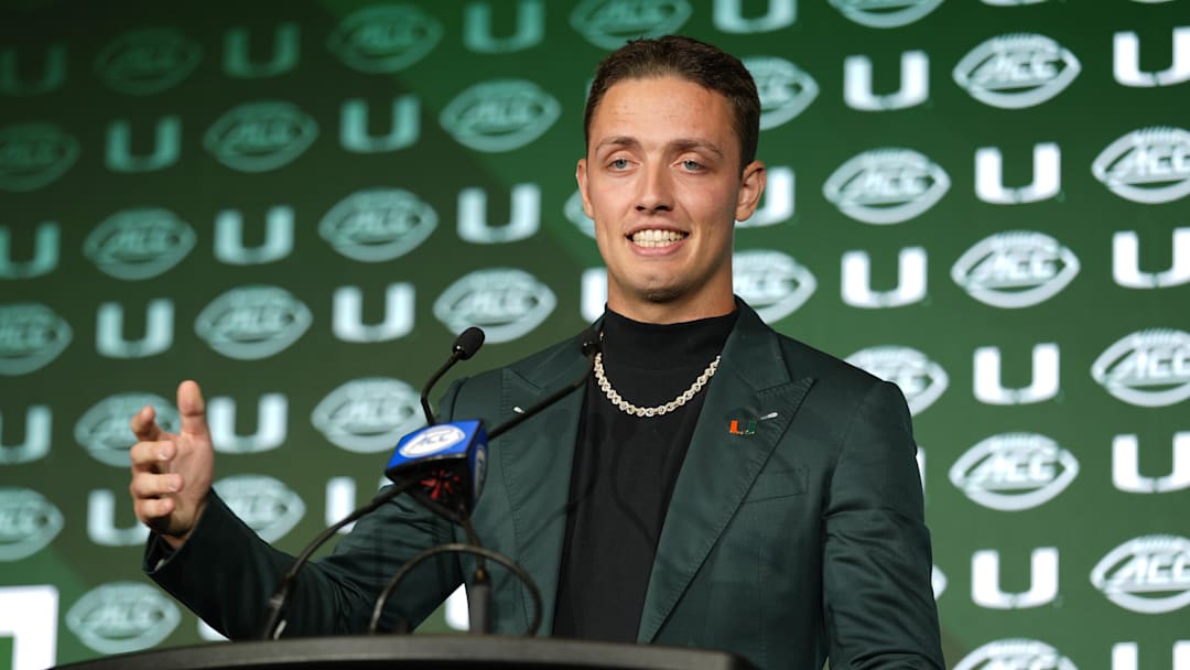 Jul 22, 2025; Charlotte, NC, USA; Miami quarterback Carson Beck answers questions from the media during ACC Media Days at Hilton Charlotte Uptown. Mandatory Credit: Jim Dedmon-Imagn Images
