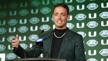 Jul 22, 2025; Charlotte, NC, USA; Miami quarterback Carson Beck answers questions from the media during ACC Media Days at Hilton Charlotte Uptown. Mandatory Credit: Jim Dedmon-Imagn Images
