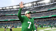 Dec 29, 2024; Philadelphia, Pennsylvania, USA; Philadelphia Eagles quarterback Kenny Pickett (7) walks off the field after win against the Dallas Cowboys at Lincoln Financial Field. Mandatory Credit: Eric Hartline-Imagn Images