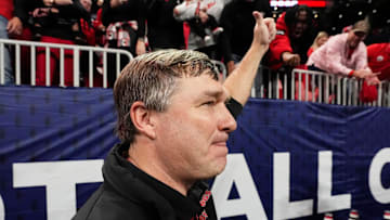Georgia coach Kirby Smart celebrates after the winning the SEC championship game against Texas in Atlanta, on Saturday, Dec. 7, 2024. Georgia won 22-19.