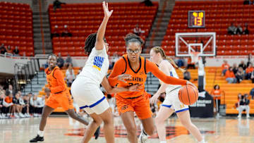 Oklahoma State guard Stailee Heard (32) works up court in the second quarter during an NCAA women’s basketball game between Oklahoma State and McNeese at Gallagher-Iba Arena in Stillwater, Okla., on Monday, Dec. 16, 2024.