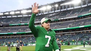 Dec 29, 2024; Philadelphia, Pennsylvania, USA; Philadelphia Eagles quarterback Kenny Pickett (7) walks off the field after win against the Dallas Cowboys at Lincoln Financial Field. Mandatory Credit: Eric Hartline-Imagn Images