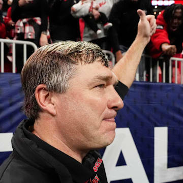 Georgia coach Kirby Smart celebrates after the winning the SEC championship game against Texas in Atlanta, on Saturday, Dec. 7, 2024. Georgia won 22-19.