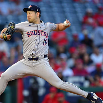 Houston Astros pitcher Yusei Kikuchi (16) throws against the Los Angeles Angels during the first inning at Angel Stadium on Sept 13.