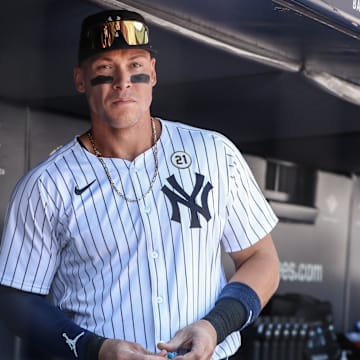 Sep 15, 2024; Bronx, New York, USA;  New York Yankees center fielder Aaron Judge (99) prepares to take the field against the Boston Red Sox at Yankee Stadium. Mandatory Credit: Wendell Cruz-Imagn Images