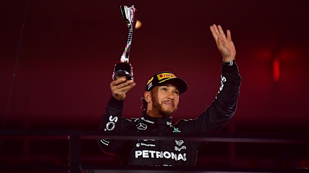Nov 23, 2024; Las Vegas, Nevada, USA; Mercedes driver Lewis Hamilton celebrates after placing second in the Las Vegas GP.