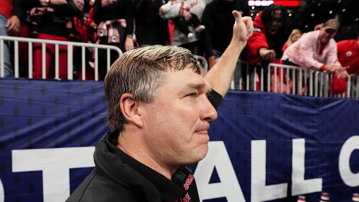 Georgia coach Kirby Smart celebrates after the winning the SEC championship game against Texas in Atlanta, on Saturday, Dec. 7, 2024. Georgia won 22-19. Georgia coach Kirby Smart celebrates after the winning the SEC championship game against Texas in Atlanta, on Saturday, Dec. 7, 2024. Georgia won 22-19.