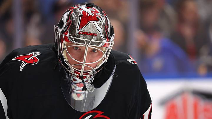 Apr 9, 2026; Buffalo, New York, USA;  Buffalo Sabres goaltender Colten Ellis (92) on the ice before the start of a game against the Columbus Blue Jackets at KeyBank Center. Mandatory Credit: Timothy T. Ludwig-Imagn Images