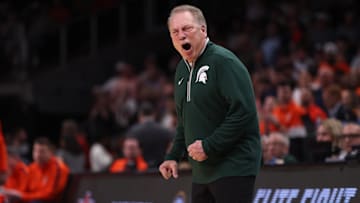 Mar 30, 2025; Atlanta, GA, USA; Michigan State Spartans head coach Tom Izzo during the first half in the South Regional final of the 2025 NCAA tournament against the Auburn Tigers at State Farm Arena. Mandatory Credit: Brett Davis-Imagn Images