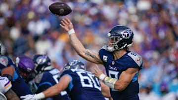 Tennessee Titans quarterback Will Levis (8) throws the ball during the second quarter against the Minnesota Vikings at Nissan Stadium in Nashville, Tenn., Sunday, Nov. 17, 2024.