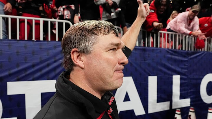 Georgia coach Kirby Smart celebrates after the winning the SEC championship game against Texas in Atlanta, on Saturday, Dec. 7, 2024. Georgia won 22-19. Georgia coach Kirby Smart celebrates after the winning the SEC championship game against Texas in Atlanta, on Saturday, Dec. 7, 2024. Georgia won 22-19.