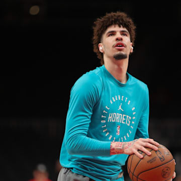 Mar 12, 2025; Atlanta, Georgia, USA; Charlotte Hornets guard LaMelo Ball (1) warms up on the court before the game against the Atlanta Hawks at State Farm Arena. Mandatory Credit: Mady Mertens-Imagn Images