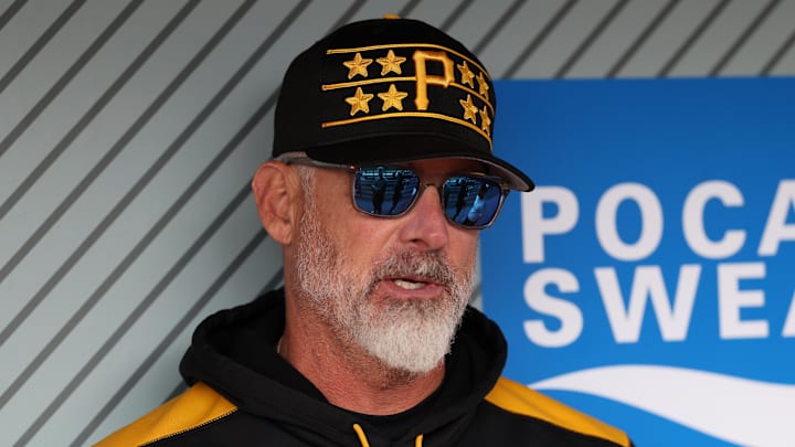 Apr 23, 2025; Anaheim, California, USA;  Pittsburgh Pirates manager Derek Shelton (17) speaks to media before the game against the Los Angeles Angels at Angel Stadium. Mandatory Credit: Kiyoshi Mio-Imagn Images