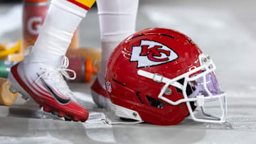 Aug 9, 2025; Glendale, Arizona, USA; Detailed view of a Kansas City Chiefs helmet during a preseason NFL game at State Farm Stadium. Mandatory Credit: Mark J. Rebilas-Imagn Images