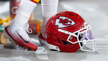 Aug 9, 2025; Glendale, Arizona, USA; Detailed view of a Kansas City Chiefs helmet during a preseason NFL game at State Farm Stadium. Mandatory Credit: Mark J. Rebilas-Imagn Images
