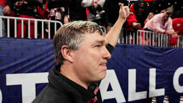 Georgia coach Kirby Smart celebrates after the winning the SEC championship game against Texas in Atlanta, on Saturday, Dec. 7, 2024. Georgia won 22-19.