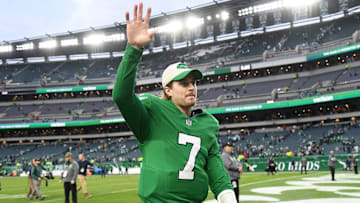 Dec 29, 2024; Philadelphia, Pennsylvania, USA; Philadelphia Eagles quarterback Kenny Pickett (7) walks off the field after win against the Dallas Cowboys at Lincoln Financial Field. Mandatory Credit: Eric Hartline-Imagn Images