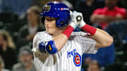 Iowa Cubs' Owen Caissie (17) swings at the ball on Friday, March 28, 2025, at Principal Park in Des Moines