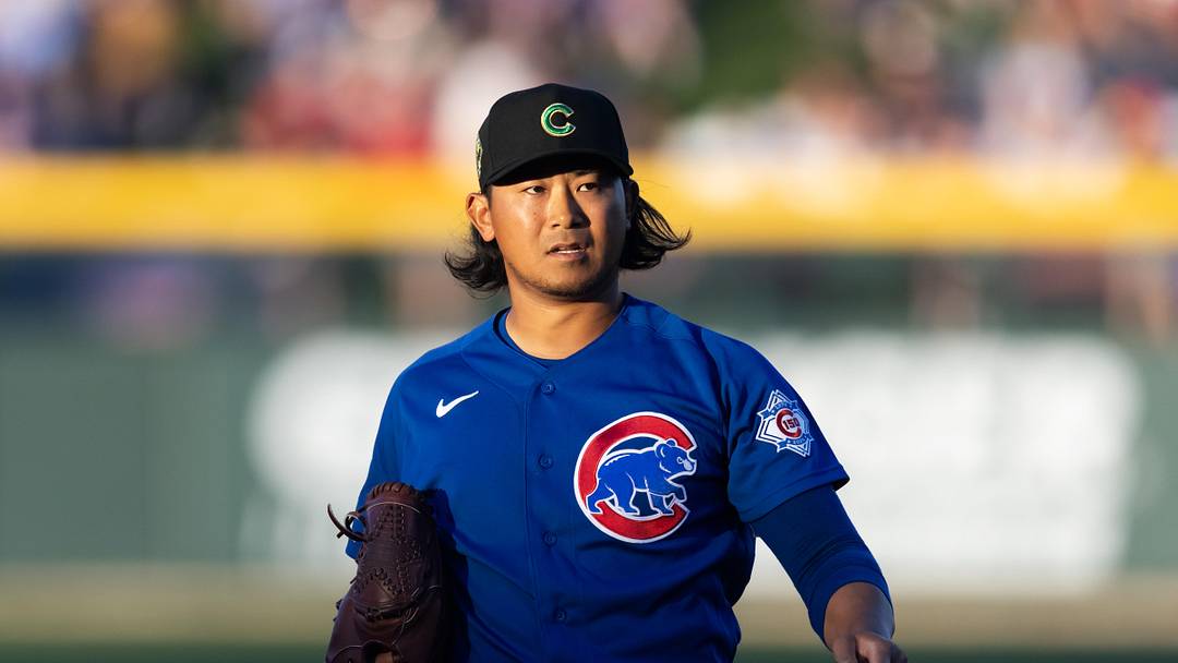 Mar 17, 2026; Mesa, Arizona, USA; Chicago Cubs pitcher Shota Imanaga against the Los Angeles Angels during a spring training game at Sloan Park. Mandatory Credit: Mark J. Rebilas-Imagn Images