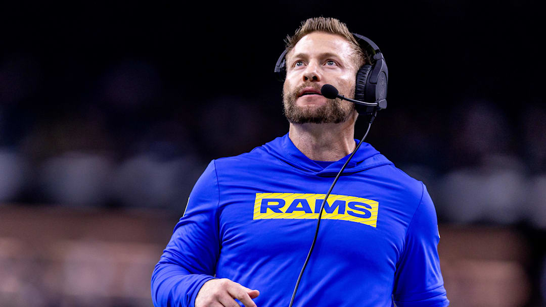 Dec 1, 2024; New Orleans, Louisiana, USA;  Los Angeles Rams head coach Sean McVay looks on against the New Orleans Saints during the second half at Caesars Superdome. Mandatory Credit: Stephen Lew-Imagn Images