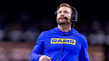 Dec 1, 2024; New Orleans, Louisiana, USA;  Los Angeles Rams head coach Sean McVay looks on against the New Orleans Saints during the second half at Caesars Superdome. Mandatory Credit: Stephen Lew-Imagn Images