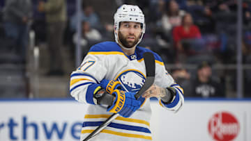 Dec 23, 2024; Elmont, New York, USA;  Buffalo Sabres left wing Jason Zucker (17) at UBS Arena. Mandatory Credit: Wendell Cruz-Imagn Images