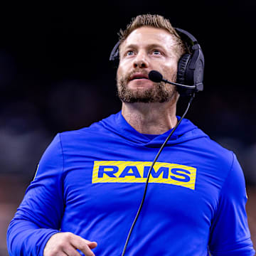 Dec 1, 2024; New Orleans, Louisiana, USA;  Los Angeles Rams head coach Sean McVay looks on against the New Orleans Saints during the second half at Caesars Superdome. Mandatory Credit: Stephen Lew-Imagn Images