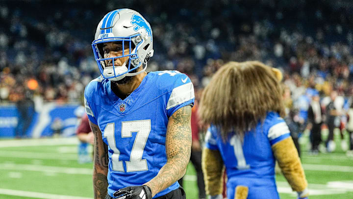 Detroit Lions wide receiver Tim Patrick (17) walks off the field after 45-31 loss to Washington Commanders at the NFC divisional round at Ford Field in Detroit on Saturday, Jan. 18, 2025.