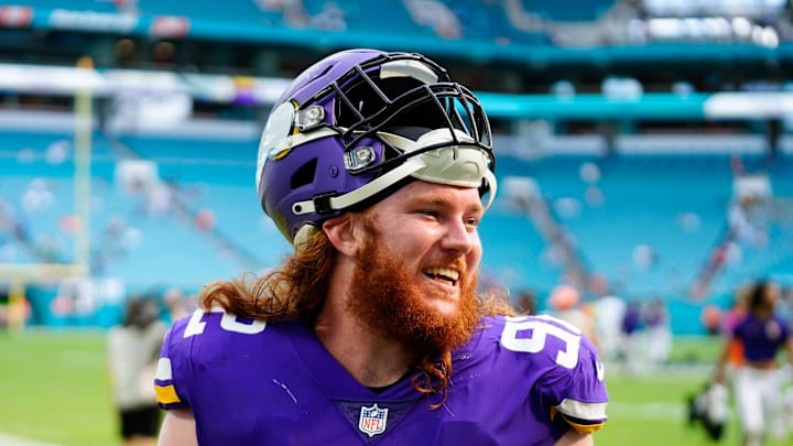 Oct 16, 2022; Miami Gardens, Florida, USA; Minnesota Vikings defensive tackle James Lynch (92) after a game against the Miami Dolphins at Hard Rock Stadium. Mandatory Credit: Rich Storry-Imagn Images