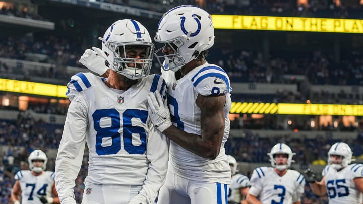 Indianapolis Colts wide receiver Samson Nacua (86) celebrates a touchdown with Indianapolis Colts wide receiver D.J. Montgomery (8) on Saturday, August 20, 2022 at Lucas Oil Stadium in Indianapolis. The Detroit Lions defeated the Indianapolis Colts, 27-26.

Nfl Detroit Lions At Indianapolis Colts