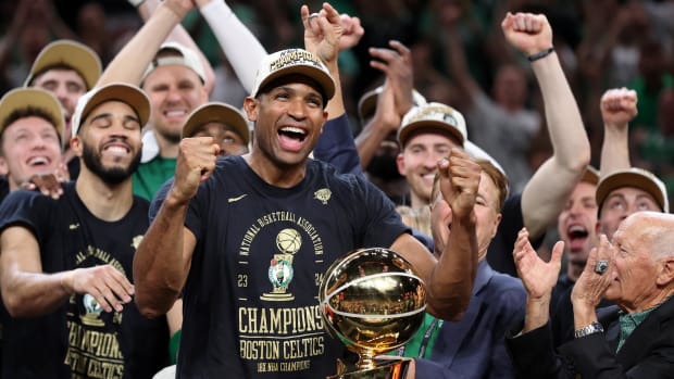 Horford celebrates after winning the 2024 NBA championship.