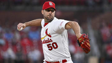 Sep 18, 2023; St. Louis, Missouri, USA;  St. Louis Cardinals starting pitcher Adam Wainwright (50) pitches against the Milwaukee Brewers during the second inning at Busch Stadium. Mandatory Credit: Jeff Curry-USA TODAY Sports