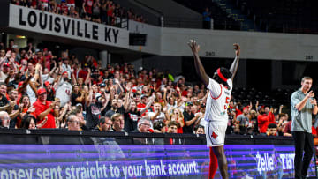 The Ville forward Montrezl Harrell hypes up the crowd at Freedom Hall