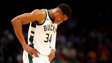 Milwaukee Bucks forward Giannis Antetokounmpo reacts during the first quarter against the Phoenix Suns at Footprint Center on March 24.