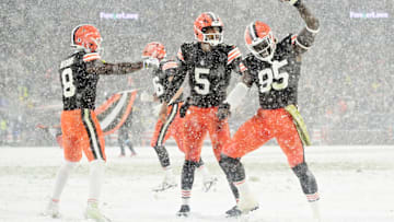Nov 21, 2024; Cleveland, Ohio, USA; Cleveland Browns wide receiver Elijah Moore (8) and quarterback Jameis Winston (5) and tight end David Njoku (85) celebrate after Winston scored a touchdown during the second half against the Pittsburgh Steelers at Huntington Bank Field. Mandatory Credit: Ken Blaze-Imagn Images