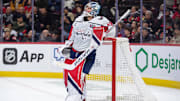 Jan 16, 2025; Ottawa, Ontario, CAN; Washington Capitals goalie Logan Thompson (48) relaxes in the first period against the Ottawa Senators at the Canadian Tire Centre. Mandatory Credit: Marc DesRosiers-Imagn Images