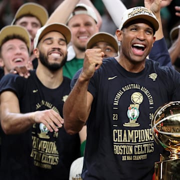 Jun 17, 2024; Boston, Massachusetts, USA; Boston Celtics center Al Horford (42) celebrates after winning the 2024 NBA Finals against the Dallas Mavericks at TD Garden. Mandatory Credit: Peter Casey-Imagn Images