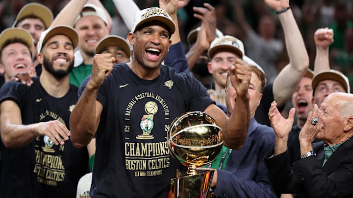 Jun 17, 2024; Boston, Massachusetts, USA; Boston Celtics center Al Horford (42) celebrates after winning the 2024 NBA Finals against the Dallas Mavericks at TD Garden. Mandatory Credit: Peter Casey-Imagn Images