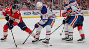 Edmonton Oilers center Connor McDavid moves the puck as Florida Panthers defenseman Niko Mikkola.
