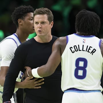 Nov 7, 2025; Minneapolis, Minnesota, USA; Utah Jazz head coach Will Hardy is held back from Utah Jazz guard Ace Bailey (19) and guard Isaiah Collier (8) after reacting to a foul a called against the Minnesota Timberwolves in the first half at Target Center. Mandatory Credit: Jesse Johnson-Imagn Images