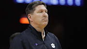 Mar 1, 2025; Charlottesville, Virginia, USA; Clemson Tigers head coach Brad Brownell walks off the court at half time after the first half against the Virginia Cavaliers at John Paul Jones Arena