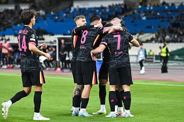 Mykhailo Mudryk and his Chelsea teammates celebrate a goal during the Conference League match against Panathinaikos.