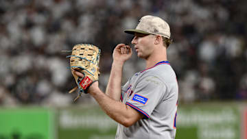 May 16, 2025; Bronx, New York, USA; New York Mets first baseman Pete Alonso (20) looks on from first base during the sixth inning against the New York Yankees at Yankee Stadium. Mandatory Credit: John Jones-Imagn Images