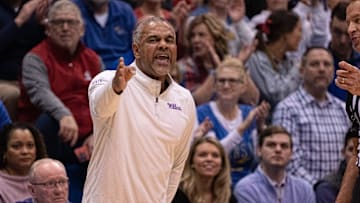 Kansas State coach Jerome Tang yells out after a call on his players in the first half of Tuesday's Sunflower Showdown against Kansas inside Allen Fieldhouse.