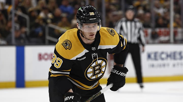 Feb 8, 2025; Boston, Massachusetts, USA; Boston Bruins center Morgan Geekie (39) during the third period against the Vegas Golden Knights at TD Garden. Mandatory Credit: Winslow Townson-Imagn Images