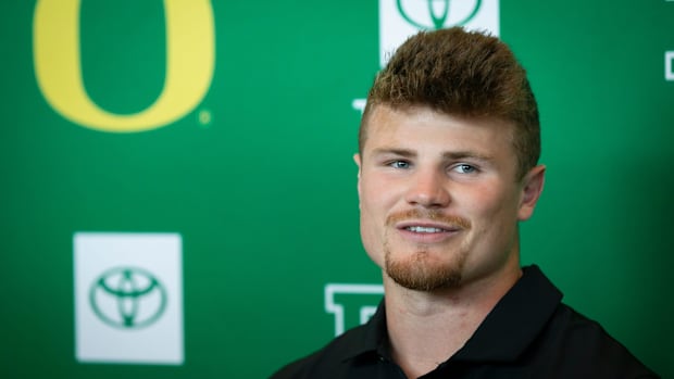 Oregon’s Bryce Boettcher speaks during Oregon football’s media day Monday, July 29, 2024 at Autzen Stadium