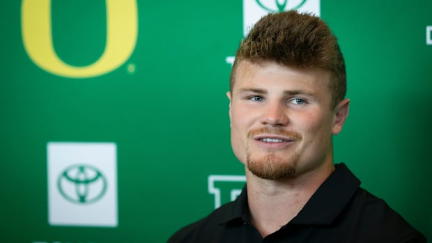 Oregon’s Bryce Boettcher speaks during Oregon football’s media day Monday, July 29, 2024 at Autzen Stadium in Eugene, Ore.