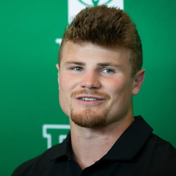 Oregon’s Bryce Boettcher speaks during Oregon football’s media day Monday, July 29, 2024 at Autzen Stadium in Eugene, Ore.